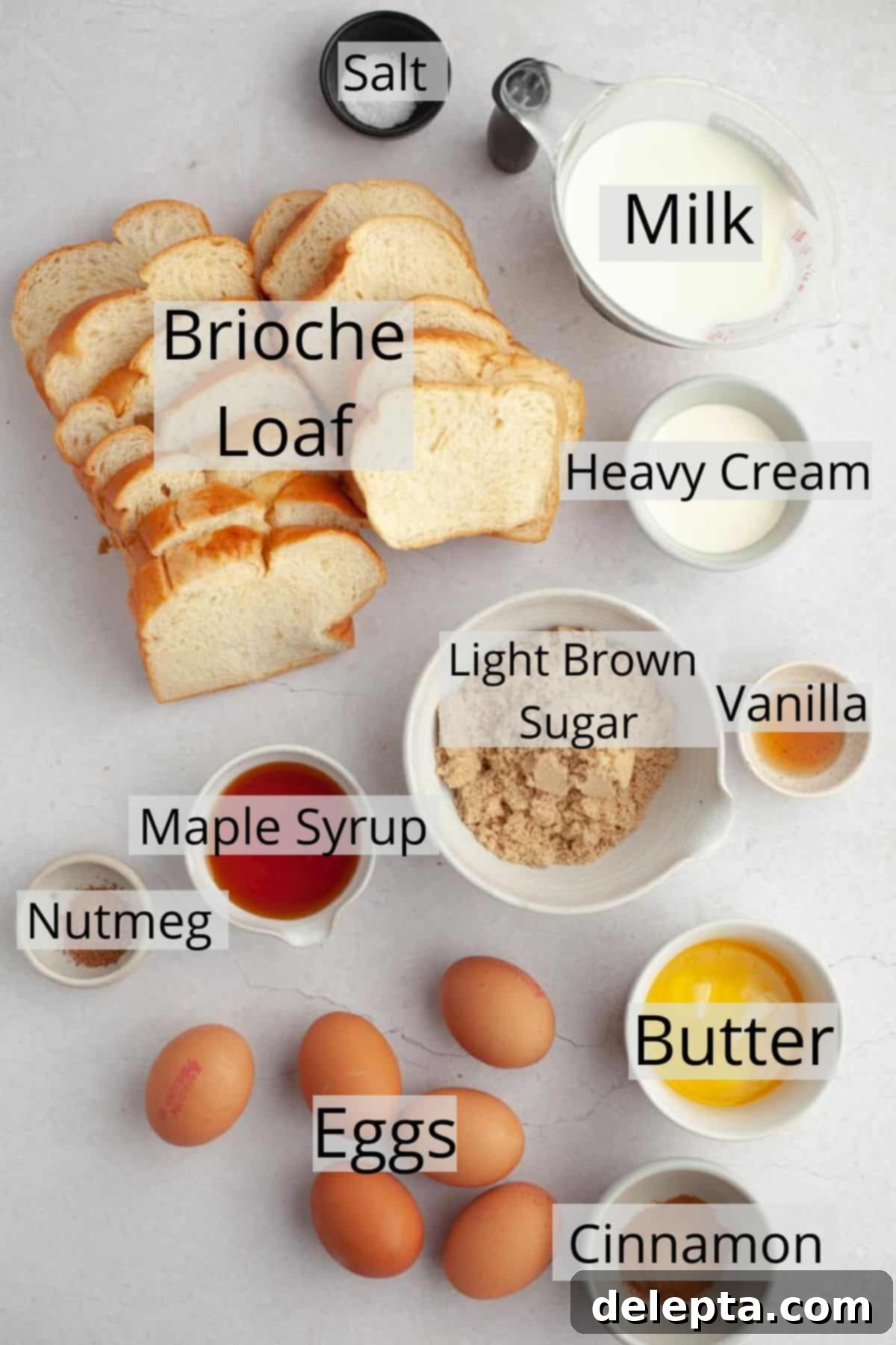 Decadent Brioche French Toast Bake 3 All the ingredients needed to make brioche french toast casserole, weighed out into small bowls.