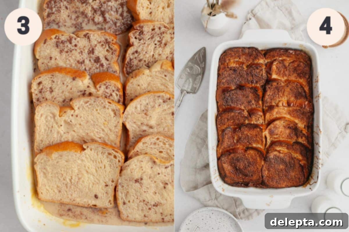Decadent Brioche French Toast Bake 5 Steps 3 and 4 in the brioche french toast casserole baking process.