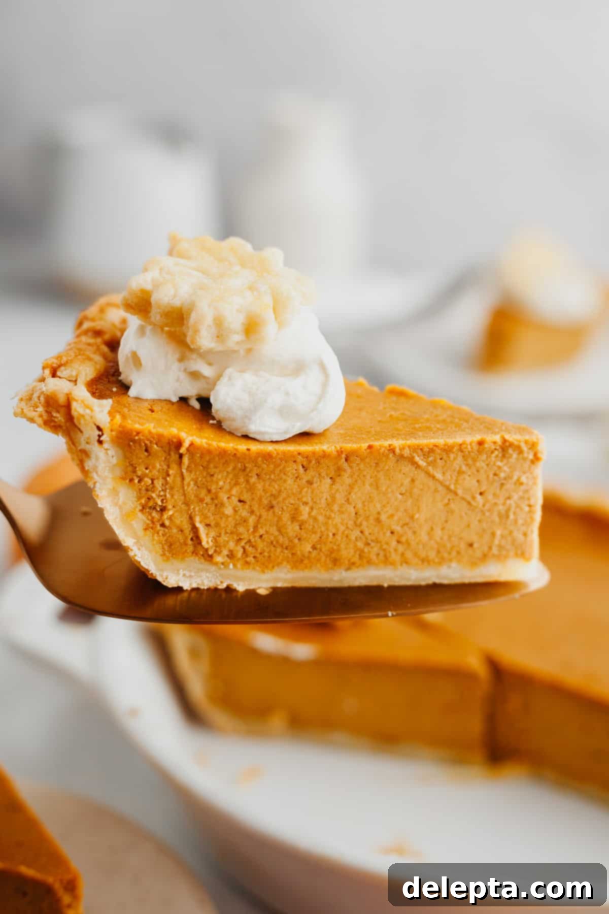 Creamy Pumpkin Dream Pie 2 A perfectly baked slice of pumpkin custard pie, showcasing its rich, smooth filling and golden-brown crust, served on a pie server with a hint of whipped cream.