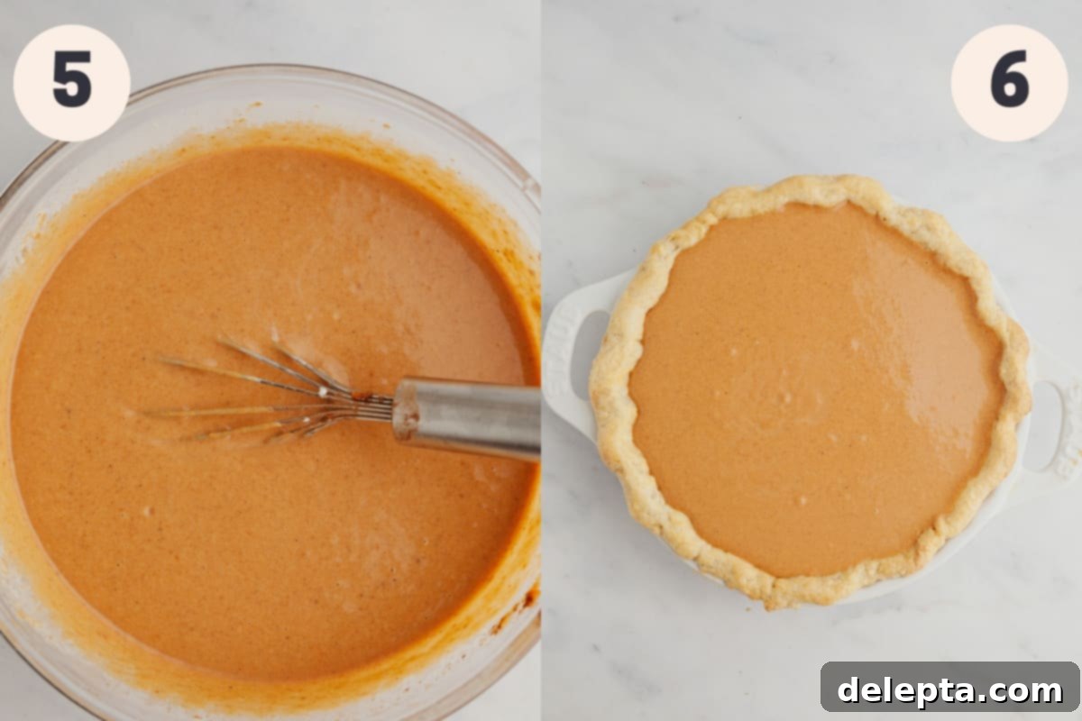 Creamy Pumpkin Dream Pie 6 A bowl of creamy pumpkin pie mixture ready to be poured into an unbaked pie crust, showcasing the smooth consistency of the filling.