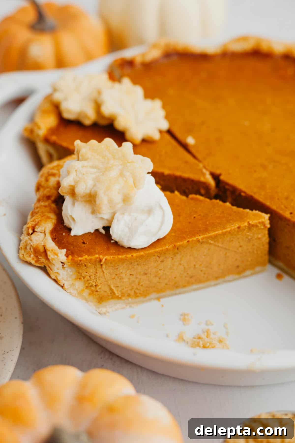 Creamy Pumpkin Dream Pie 8 A close-up shot of a single slice of pumpkin custard pie, highlighting its smooth texture and perfect crust, served in a small dish.