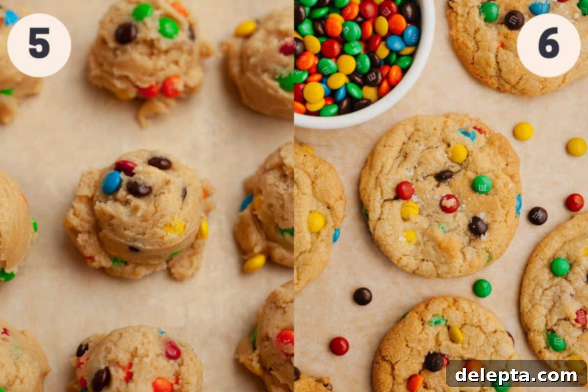Pillowy M&M Cookie Bites 6 Steps 5 and 6 in the mini M&M cookie baking process, showing scooped dough and finished cookies.