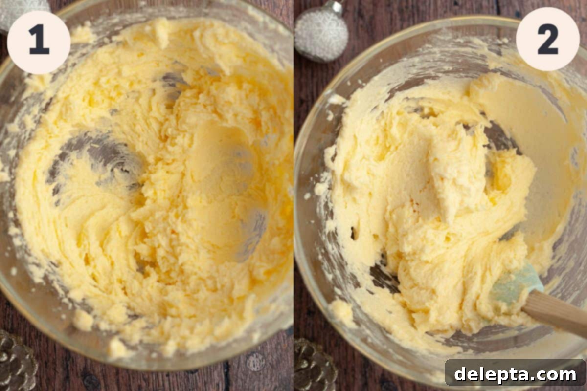 Velvet Cream Cheese Spritz Delights 4 Two images showing the initial steps of making cream cheese spritz cookies: creaming butter and sugar, then adding cream cheese and extracts.