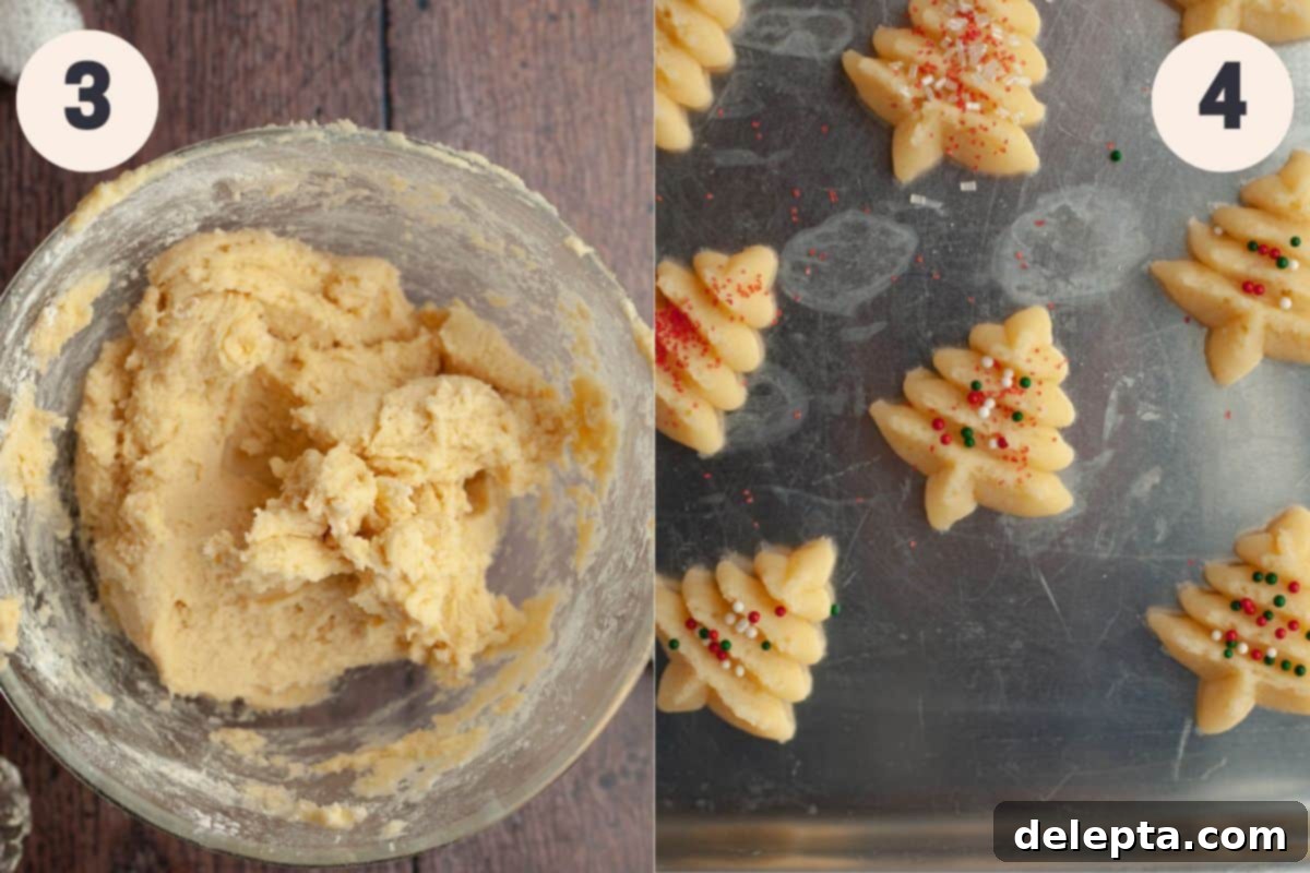 Velvet Cream Cheese Spritz Delights 5 Two images depicting further steps in cream cheese spritz cookie preparation: folding in flour and egg, and using a cookie press to create shapes.