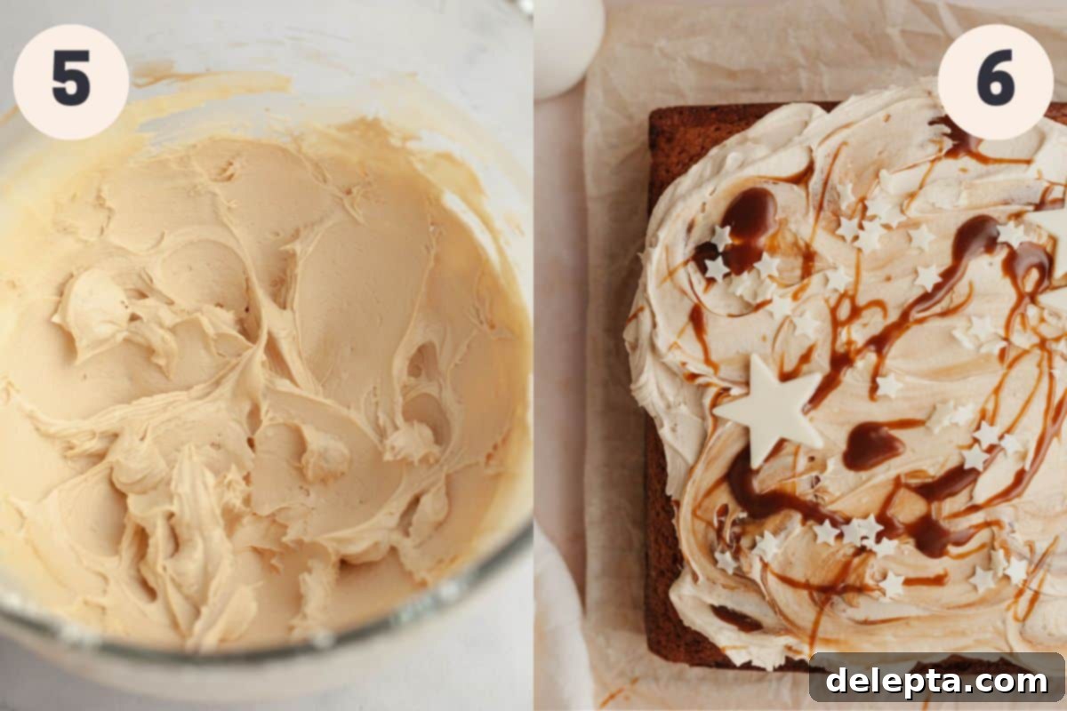 Golden Butterscotch Dream 7 Final stages of butterscotch cake preparation: whipping the frosting and applying it evenly to the cooled cake.