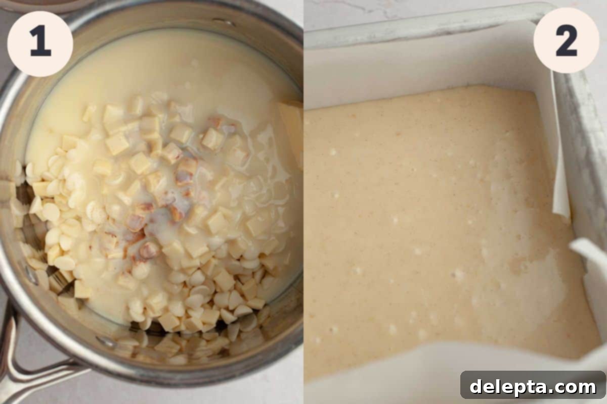 Festive Christmas Cookie Fudge 4 Steps 1 and 2 in the Christmas cookie fudge baking process, showing ingredients melting in a saucepan and then being poured into a lined pan.