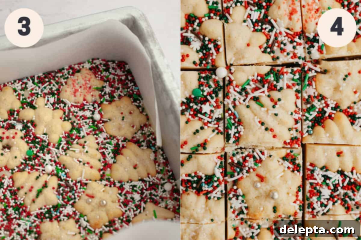 Festive Christmas Cookie Fudge 5 Steps 3 and 4 in the Christmas cookie fudge baking process, showing cookies and sprinkles added to the fudge, and then the final chilled fudge pieces.