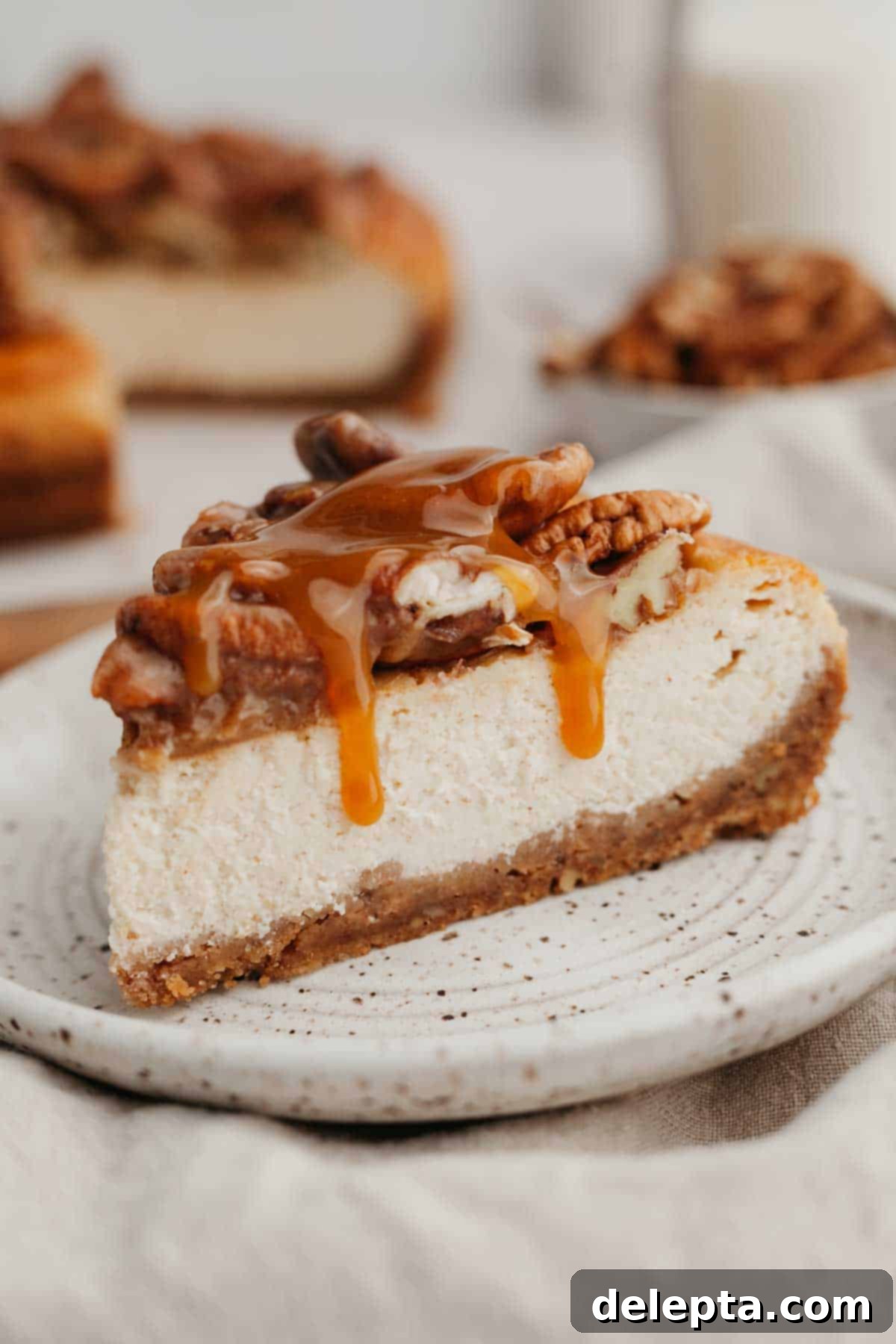 Decadent Pecan Pie Cheesecake 2 A perfectly sliced pecan cheesecake resting on a white plate, showcasing its distinct layers of crust, creamy filling, and luscious caramel pecan topping.