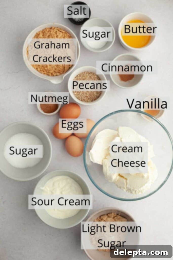 Decadent Pecan Pie Cheesecake 3 A collection of ingredients for the creamy pecan pie cheesecake filling, neatly arranged in small bowls, ready for mixing.