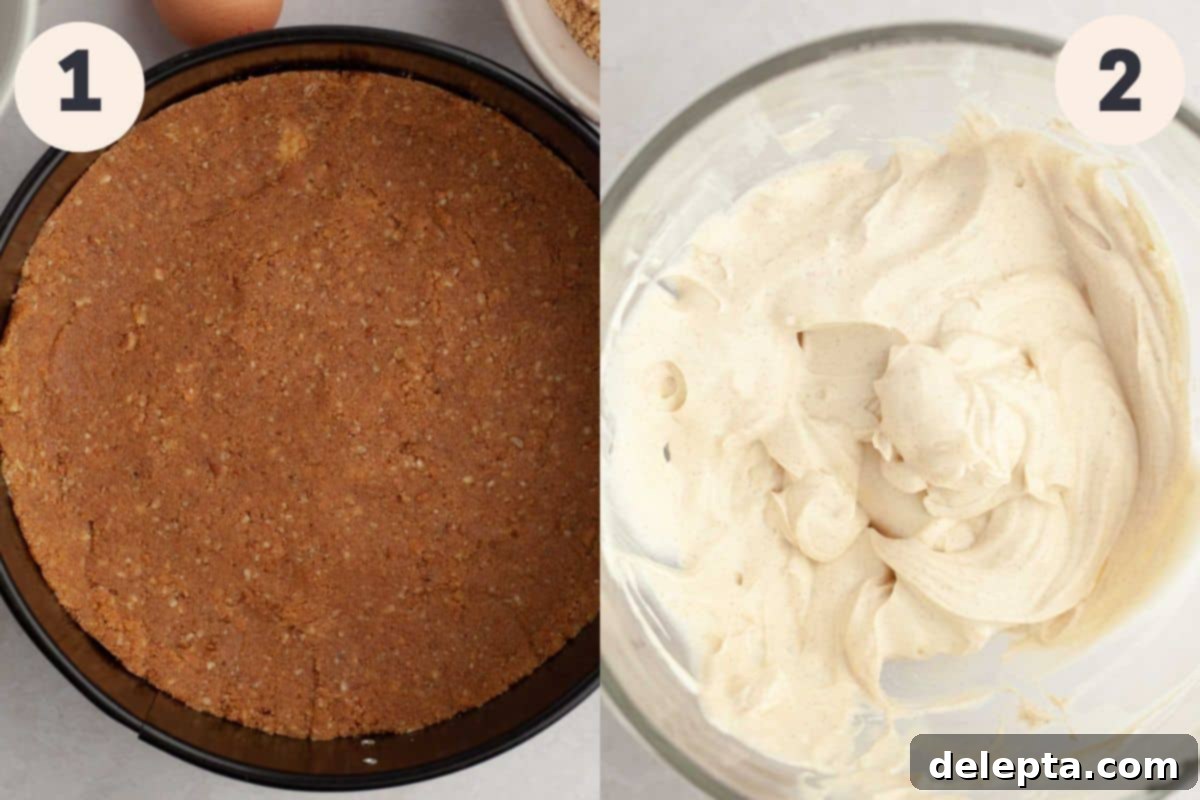 Decadent Pecan Pie Cheesecake 5 The initial steps of making pecan pie cheesecake, showing crushed graham crackers and pecans in a bowl and then pressed into a springform pan, ready for baking.