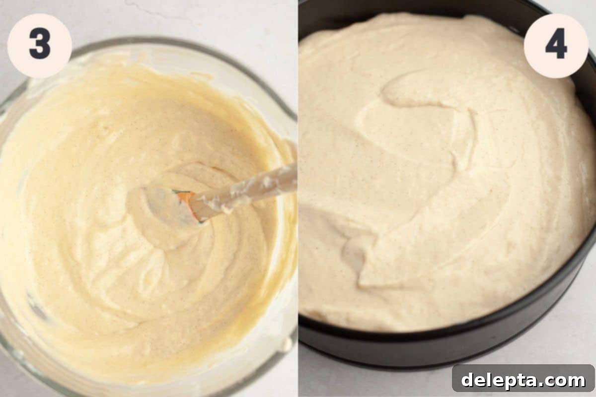 Decadent Pecan Pie Cheesecake 6 Two more steps in the pecan pie cheesecake process: mixing the creamy filling and then pouring it into the baked graham cracker crust.