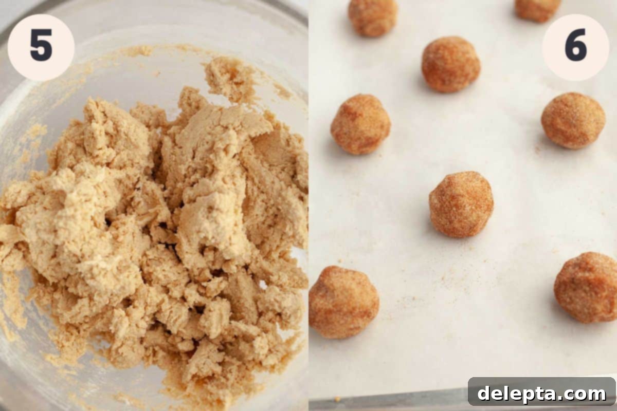 Nutty Brown Butter Snickerdoodles 6 Visual representation of steps 5 and 6: mixing in dry ingredients, preparing cinnamon sugar, and rolling snickerdoodle dough balls in the coating.