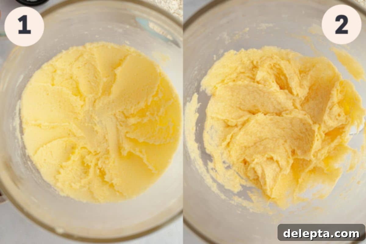 Flawless Cut-Out Sugar Cookies 4 Steps 1 and 2 in the no spread sugar cookie baking process, showing butter and sugar being creamed, then egg and extracts added.