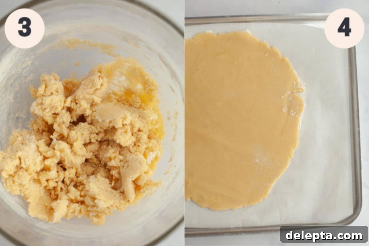 Flawless Cut-Out Sugar Cookies 5 Steps 3 and 4 in the no spread sugar cookie baking process, showing flour being added and dough being rolled between parchment paper.