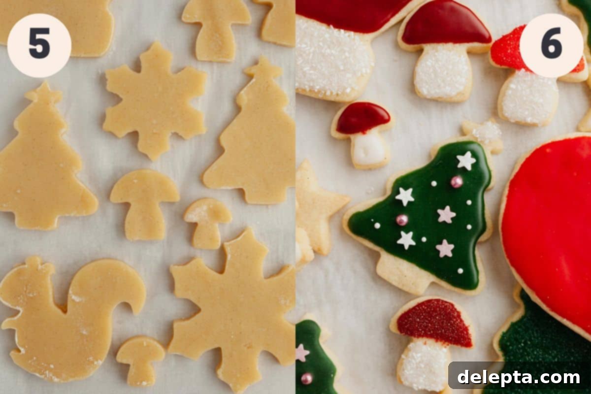 Flawless Cut-Out Sugar Cookies 6 Steps 5 and 6 in the no spread sugar cookie baking process, showing cookies being cut out and baked.