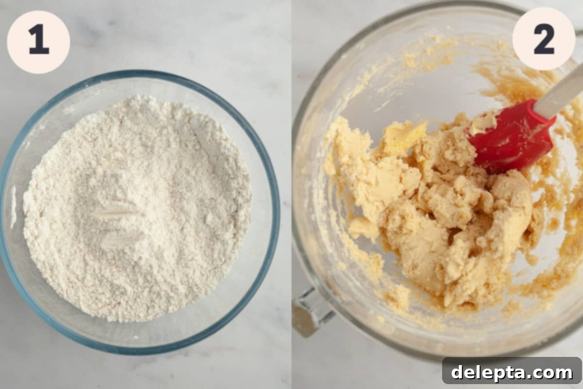 Foolproof Cutout Shortbread Cookies 4 Two bowls: one with sifted flour and another large bowl containing butter and sugar creamed into a light and fluffy cookie dough.