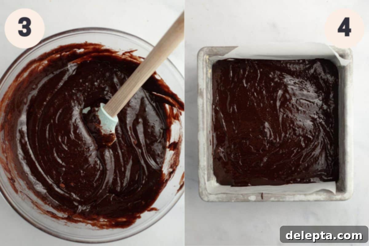 Peppermint Bark Fudge Squares 6 Steps 3 and 4 in the peppermint bark brownie baking process: folding in dry ingredients and pouring batter into a pan for baking.
