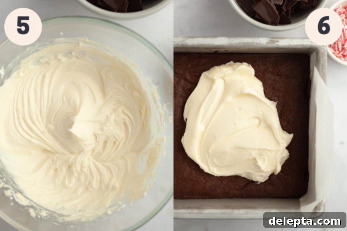 Peppermint Bark Fudge Squares 7 Steps 5 and 6 of the peppermint bark brownie preparation: beating cream cheese and butter, then spreading the peppermint cream cheese layer onto cooled brownies.