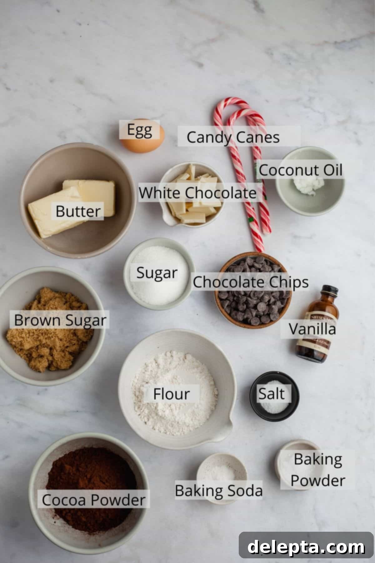 Festive Peppermint Bark Delights 3 all the ingredients needed for peppermint bark cookies weighed out into small bowls.