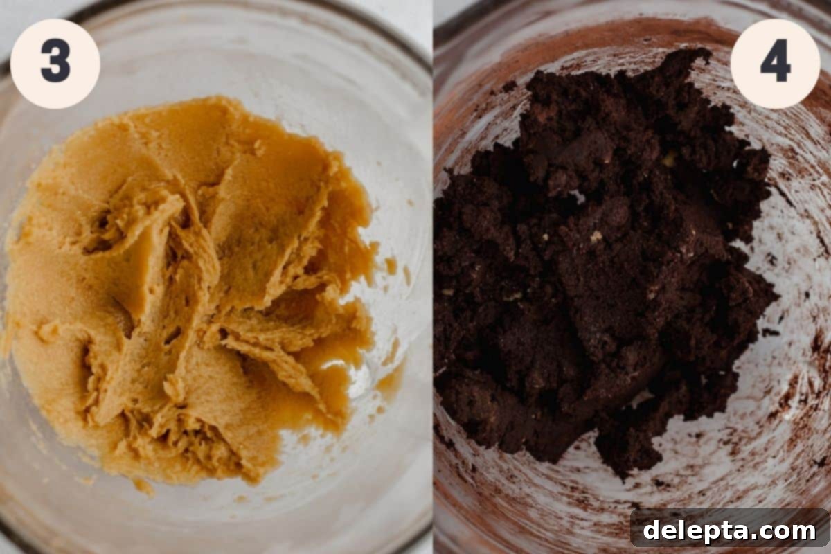 Festive Peppermint Bark Delights 5 two images, the first showing creamed butter and sugar in a bowl, then chocolate cookie dough in a bowl.