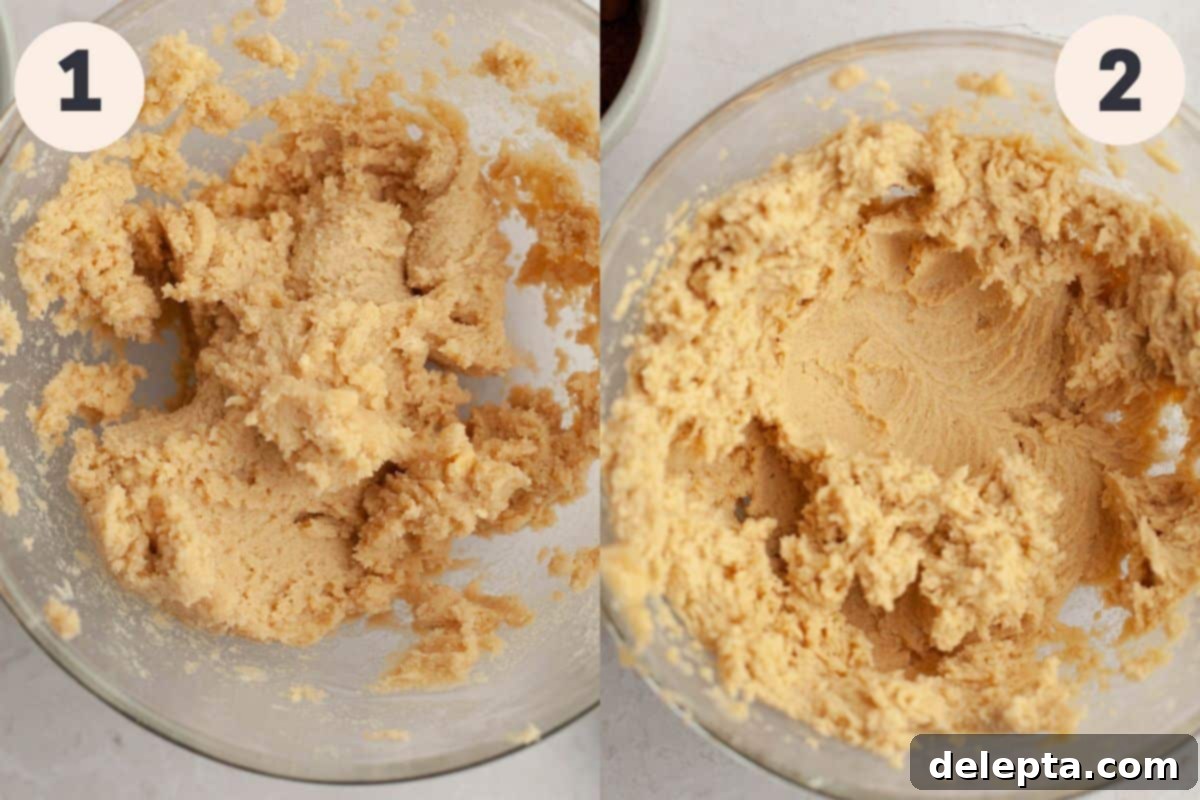 Decadent Caramel Chocolate Cookies 4 The initial steps of the chocolate caramel cookie recipe, showing butter and sugar being creamed together in a stand mixer.