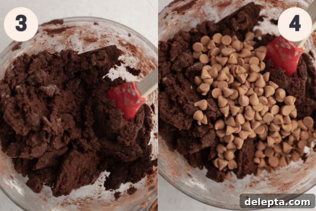 Decadent Caramel Chocolate Cookies 5 The process of adding dry ingredients and folding in caramel chips for chocolate caramel cookies.