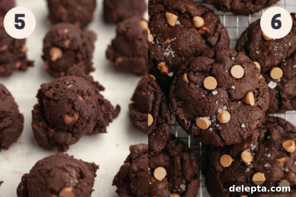 Decadent Caramel Chocolate Cookies 6 Scooping and baking the chocolate caramel cookie dough on parchment-lined baking sheets.