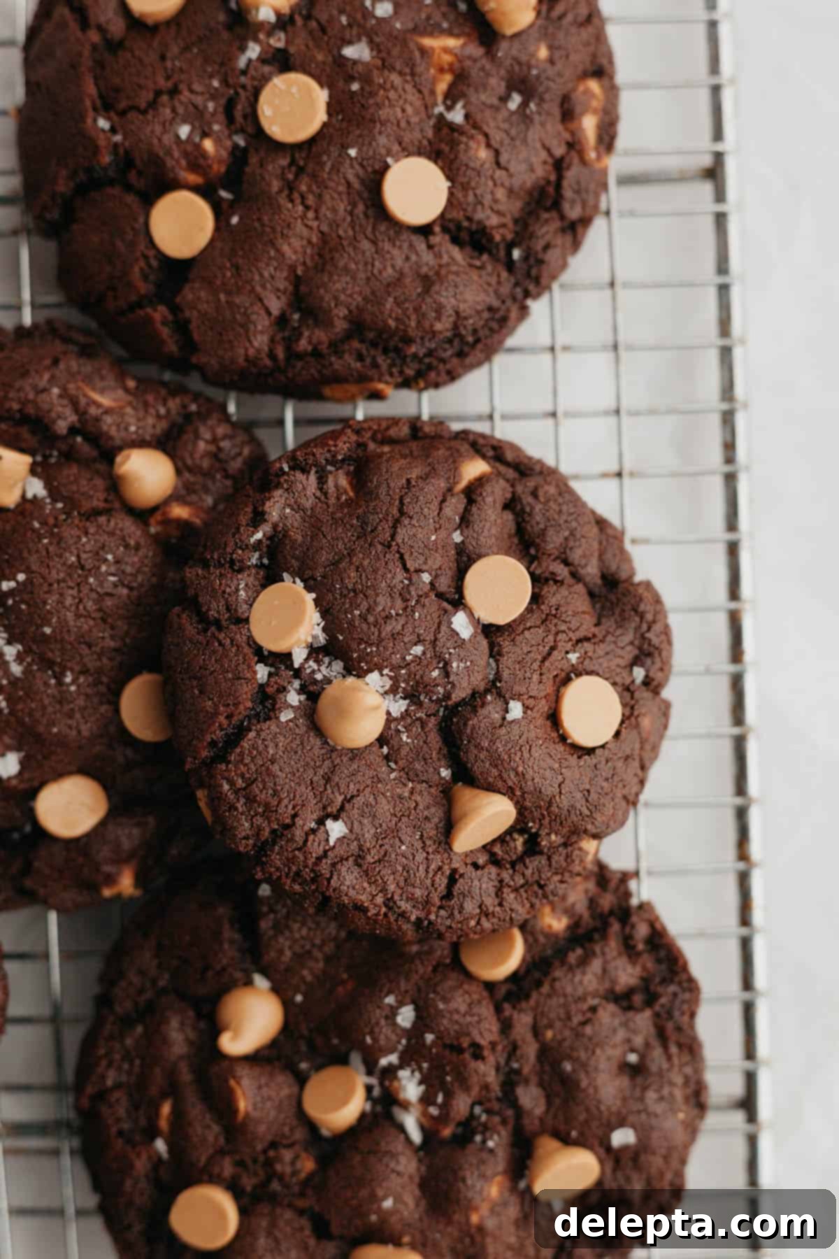 Decadent Caramel Chocolate Cookies 7 Several freshly baked chocolate cookies with melted caramel chips cooling on a wire rack.