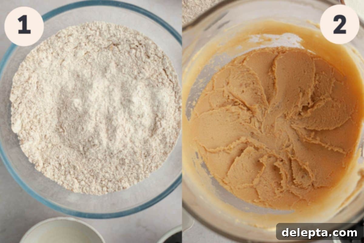 Chewy Spiced Molasses Crinkles 4 Two images showing the initial steps of the molasses crinkle cookie baking process: first, dry ingredients being whisked; second, butter and brown sugar being creamed together in a stand mixer.