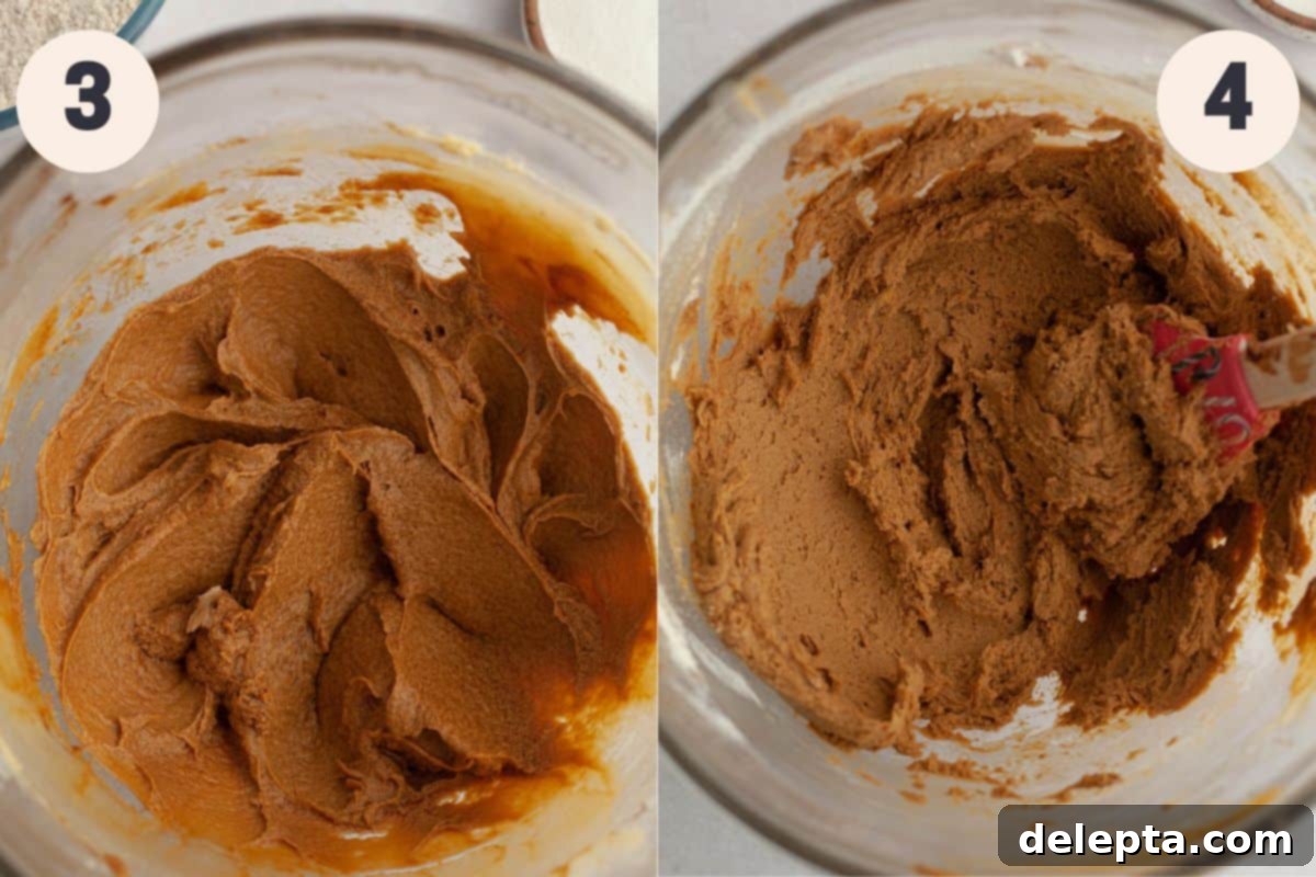 Chewy Spiced Molasses Crinkles 5 Two images showing subsequent steps of the molasses crinkle cookie baking process: first, wet ingredients being added to the creamed mixture; second, dry ingredients being incorporated into the wet mixture.