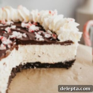 Candy Cane Crunch Cheesecake 9 A close up of a peppermint bark cheesecake which has been cut, showing the inside layers of crust, white filling, and chocolate topping.