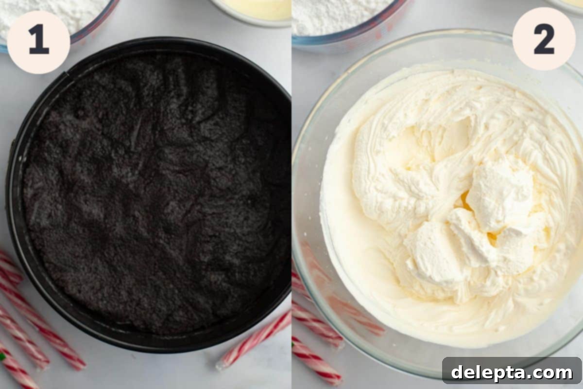 Candy Cane Crunch Cheesecake 4 Steps 1 and 2 in the peppermint bark cheesecake baking process, showing crushed Oreos for the crust and whipped heavy cream.