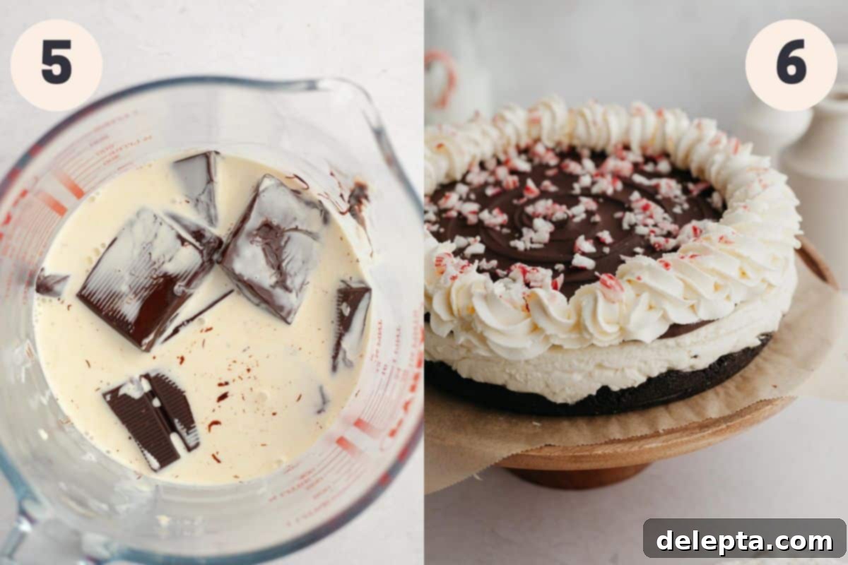 Candy Cane Crunch Cheesecake 6 Steps 5 and 6 in the peppermint bark cheesecake baking process, showing the chocolate ganache being prepared and applied to the chilled cheesecake.