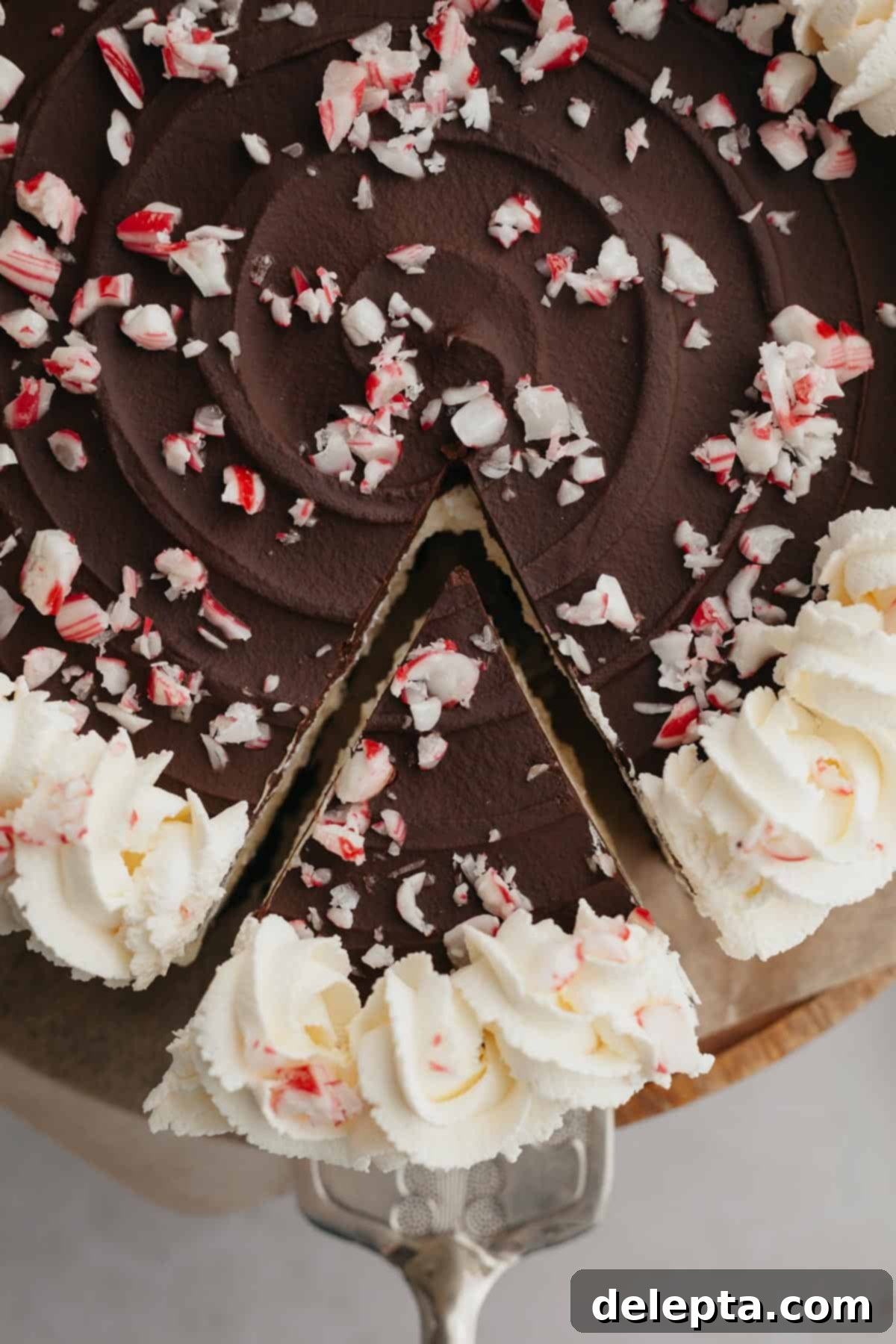 Candy Cane Crunch Cheesecake 7 An overhead shot of a chocolate and candy cane cheesecake, with a slice already cut and removed, revealing the creamy interior.
