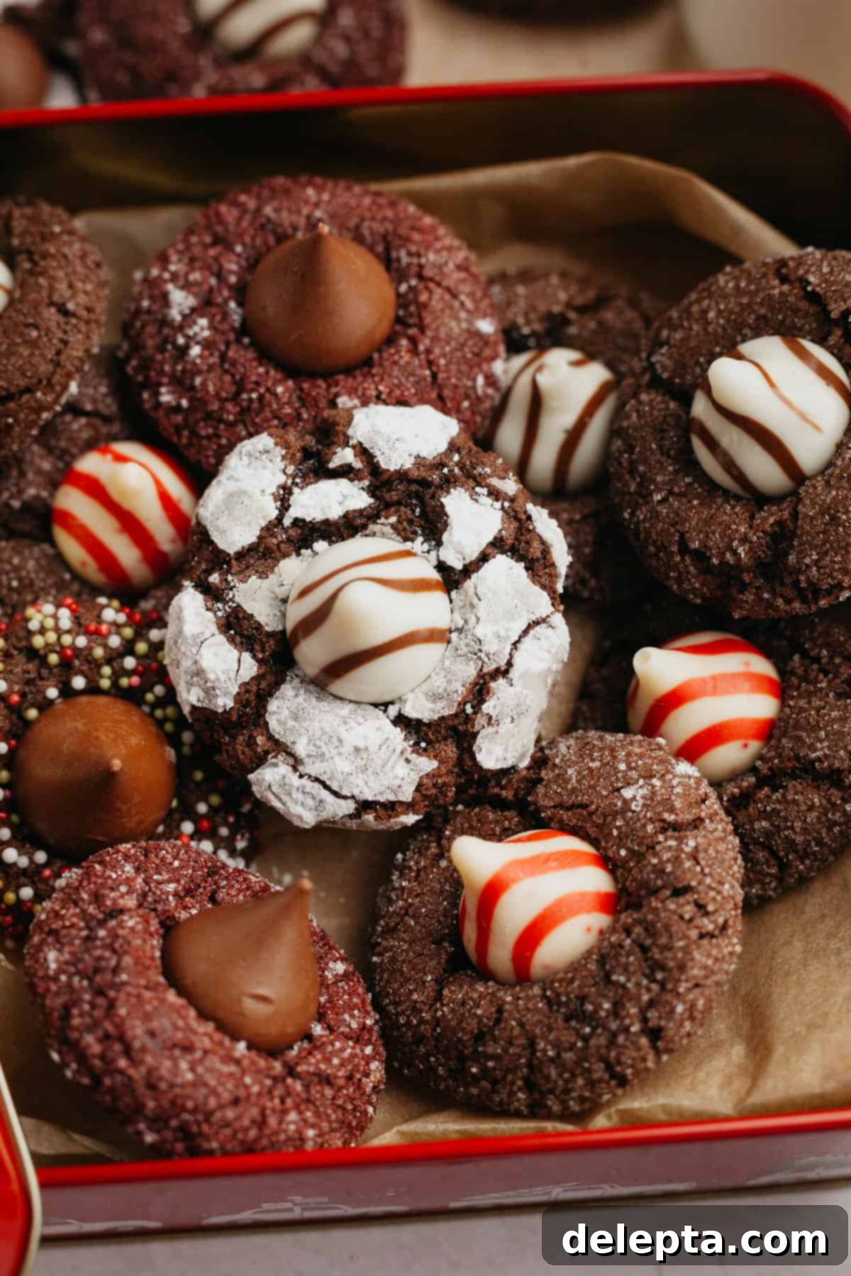 Velvet Cocoa Blossoms 2 An overhead shot of chocolate blossom kiss cookies on parchment paper, featuring different variations like peppermint, mocha, red velvet, and gingerbread.