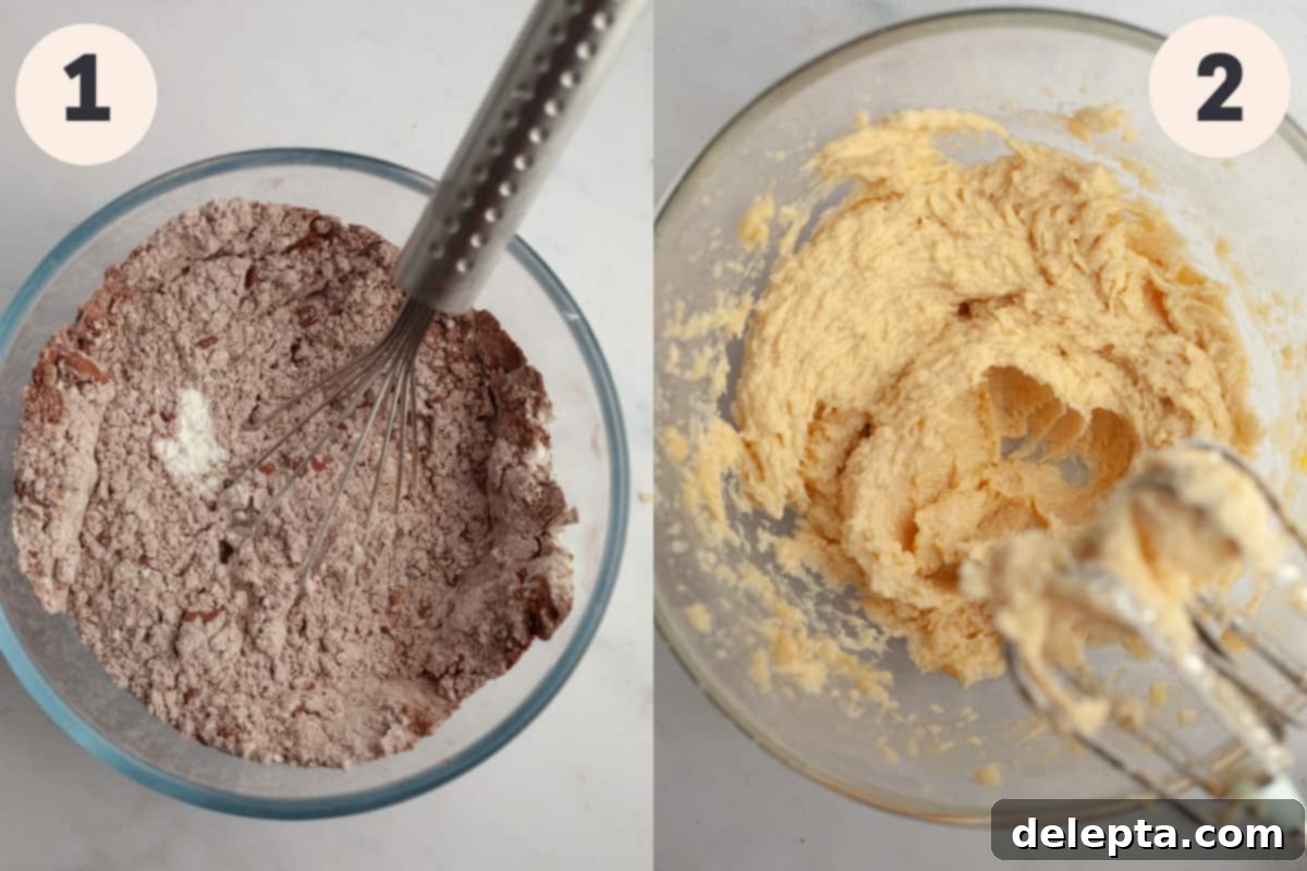 Velvet Cocoa Blossoms 5 Two images: one shows flour and cocoa powder in a bowl, the other shows chocolate cookie dough in a mixing bowl.