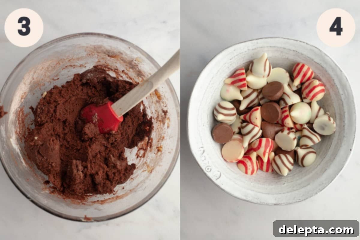 Velvet Cocoa Blossoms 6 Two images: one shows prepared chocolate cookie dough in a bowl, the other shows unwrapped Hershey's Kisses in a bowl, ready for chilling.