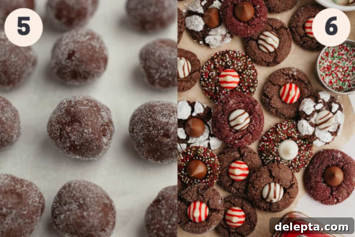 Velvet Cocoa Blossoms 7 Two images: one shows scooped and rolled cookie dough balls on parchment paper, the other shows baked cocoa blossom cookies with Kisses pressed into them on a cooling rack.