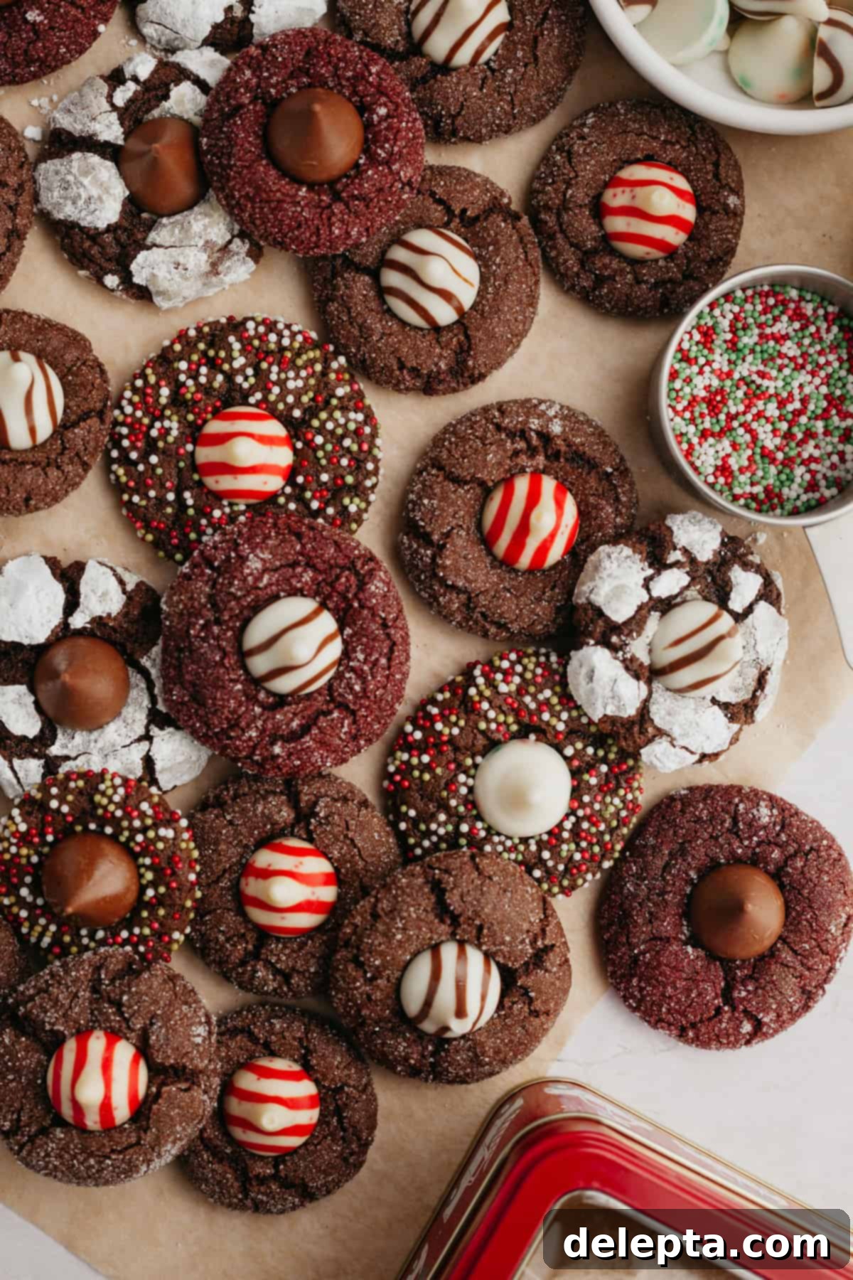 Velvet Cocoa Blossoms 8 An overhead shot of different flavored chocolate blossom kiss cookies on parchment paper, showcasing the various toppings and colors.