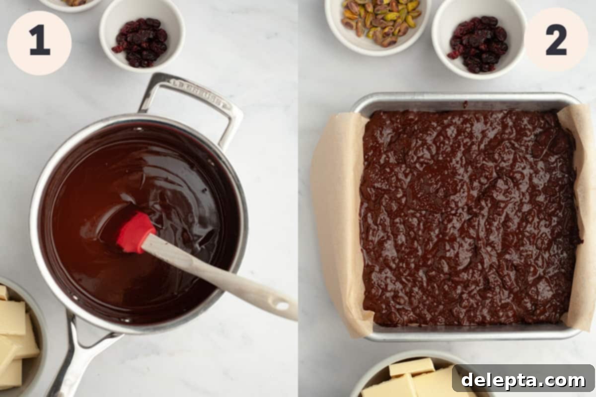 No-Bake Chocolate Biscuit Cake 4 Melted chocolate in a saucepan and a square pan with tiffin mixture in it.