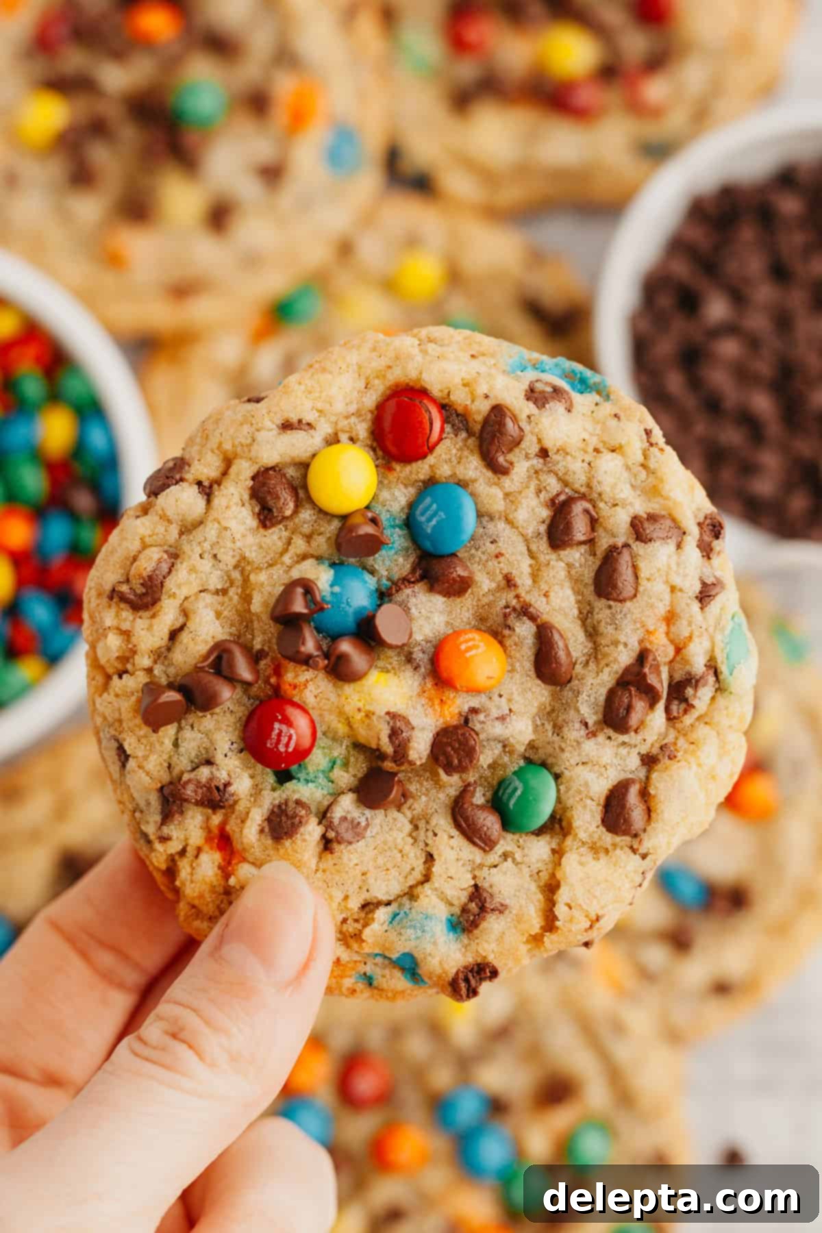 One-Bowl Rainbow Chip Cookie Delight 7 A hand holding an M&M chocolate chip cookie, showcasing its soft texture and colorful candies.
