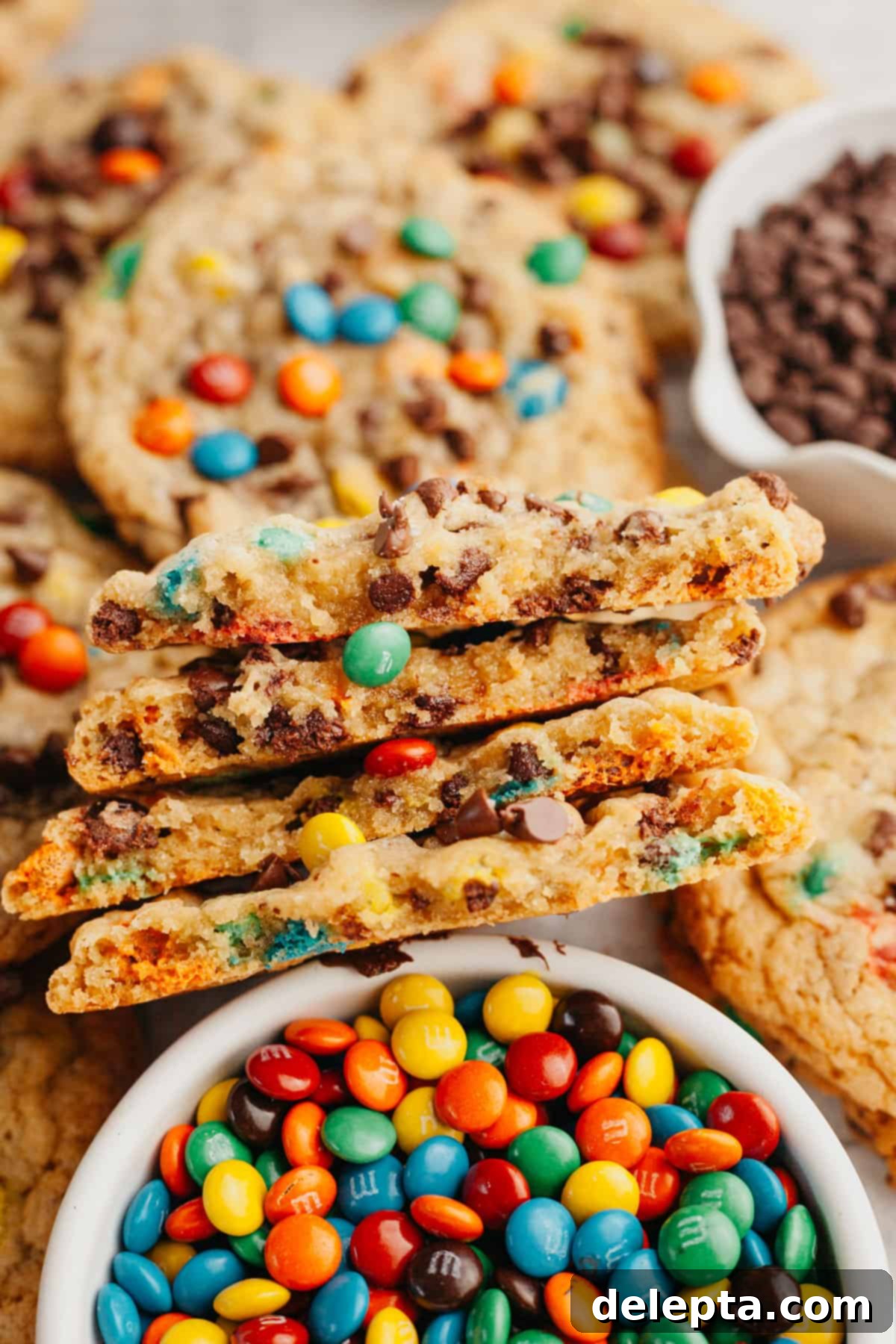 One-Bowl Rainbow Chip Cookie Delight 8 A stack of M&M chocolate chip cookies, showing their appealing texture and colorful candy pieces.
