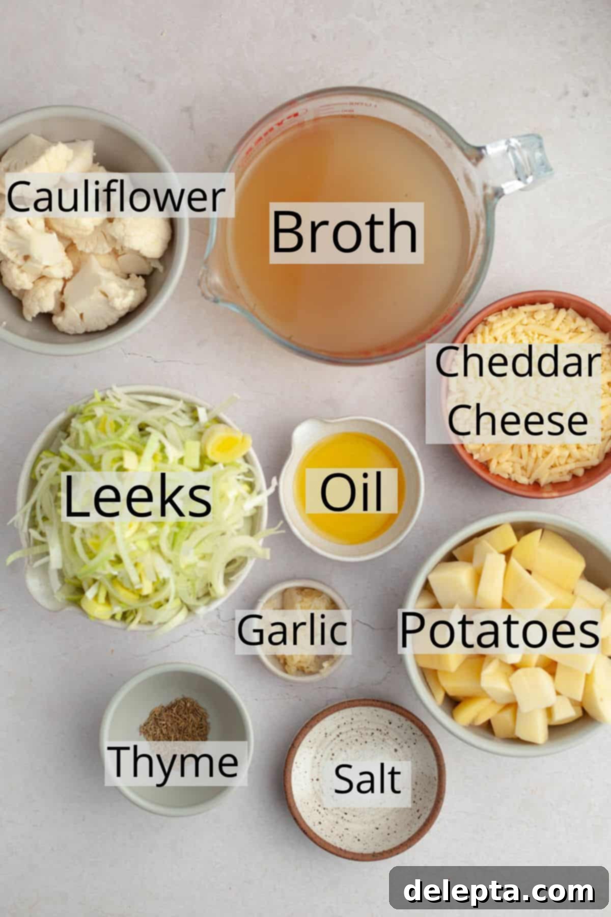 Creamy 30-Minute Leek Potato Cauliflower Soup 3 All the fresh ingredients laid out in small bowls for making leek potato cauliflower soup, including sliced leeks, chopped potatoes, cauliflower florets, minced garlic, and grated cheddar cheese.
