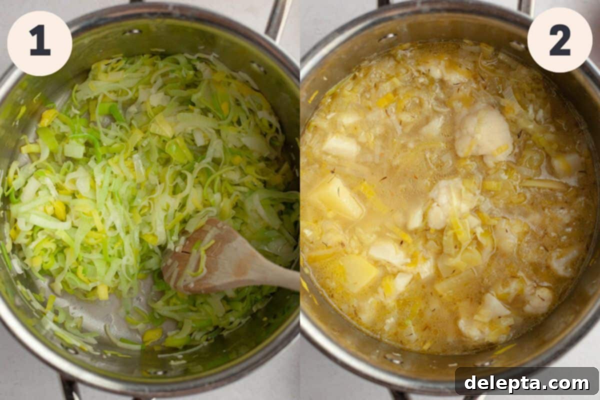 Creamy 30-Minute Leek Potato Cauliflower Soup 4 Two side-by-side process shots: one shows sliced leeks and minced garlic cooking in olive oil, and the other shows potatoes, cauliflower, broth, and thyme added to the pot, simmering.