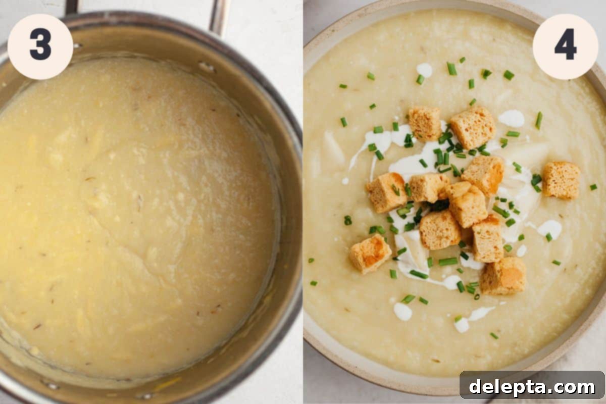 Creamy 30-Minute Leek Potato Cauliflower Soup 5 Two side-by-side process shots: one shows an immersion blender being used to blend the soup in the pot, and the other shows grated cheddar cheese being stirred into the smooth soup.