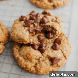 Chewy Oatmeal Chocolate Chip Cookies for Two 8 Two soft and chewy small batch oatmeal chocolate chip cookies on parchment paper, with one cookie showing a delicious bite.