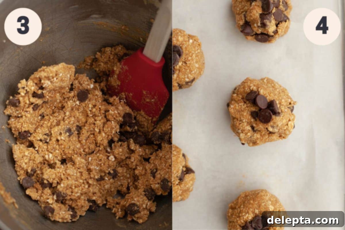 Chewy Oatmeal Chocolate Chip Cookies for Two 5 Detailed process steps 3 and 4 for mixing dry ingredients and forming the small batch oatmeal chocolate chip cookies.