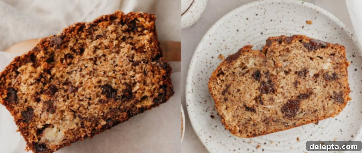 Seriously Moist Chocolate Chunk Banana Bread 3 Two slices of banana bread displayed side-by-side on a rustic wooden board, showcasing a noticeable difference in texture between two test batches.