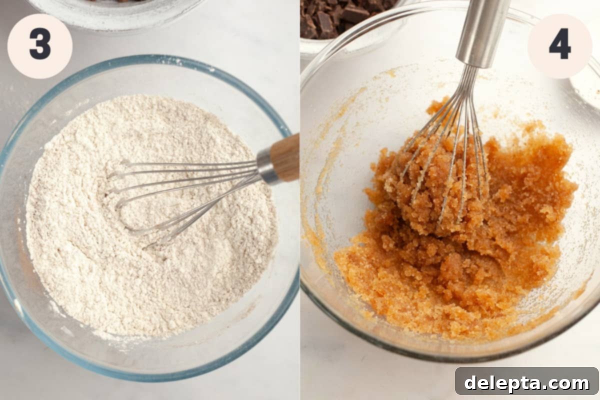 Seriously Moist Chocolate Chunk Banana Bread 6 Two side-by-side images: one showing dry ingredients (flour, salt, cinnamon, baking soda) in a bowl with a whisk, the other showing a thick, orange-colored mixture of brown butter and sugars being whisked in a bowl.