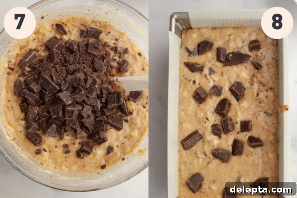 Seriously Moist Chocolate Chunk Banana Bread 8 Two images side-by-side: one shows chopped chocolate chunks being stirred into banana bread batter, the other shows the unbaked batter in a prepared loaf pan, topped with extra chocolate pieces.